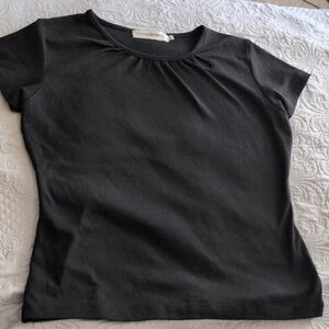 Compliments Black Too With Keyhole Open Short-Sleeve Knit Tee with Gathered Neck